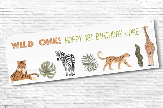 Personalised Boys Wild One Safari 1st Birthday Banner With Any Text