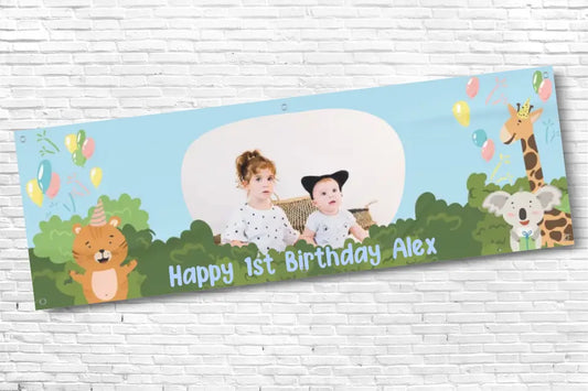 Personalised Safari 1st Birthday Banner With Any Text and Any Photo
