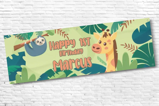 Personalised Giraffe and Sloth Green Leaf 1st Birthday Banner With Any Text