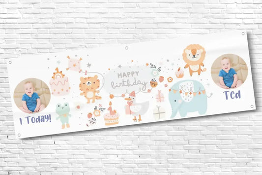 Personalised Boys Animal 1st Birthday Banner With Any Text and Any 2 Photos