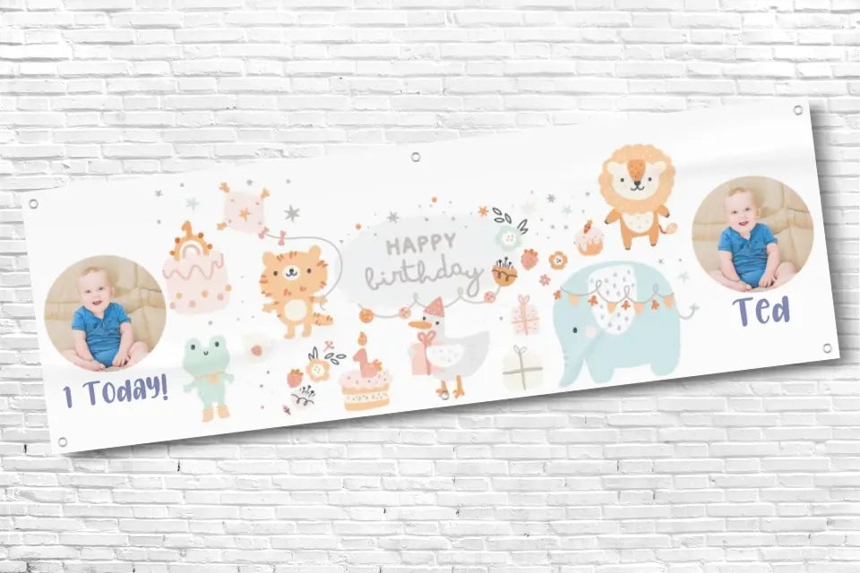 Personalised Boys Animal 1st Birthday Banner With Any Text and Any 2 Photos