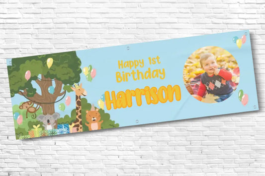 Personalised Boys Jungle Animals 1st Birthday Banner With Any Text and Any Photo