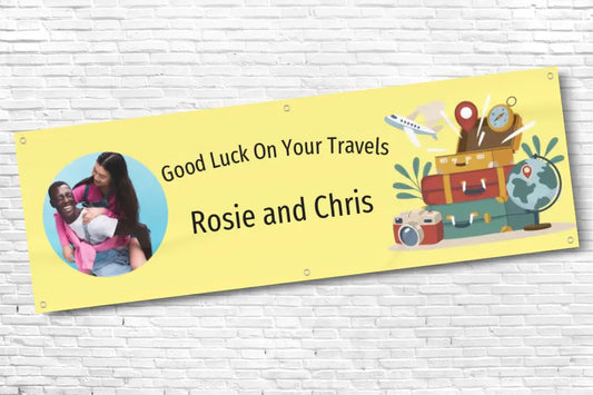 Personalised Good luck on your travels Banner with any Text and Photo