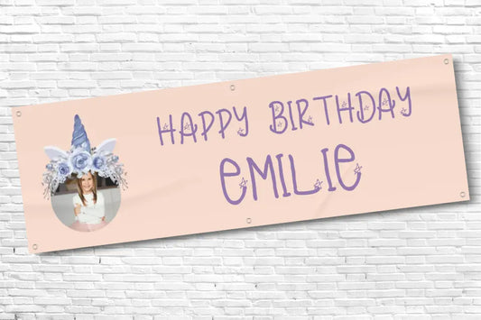 Personalised Girls Any Age and Name and photo pink Princess Unicorn Birthday Banner