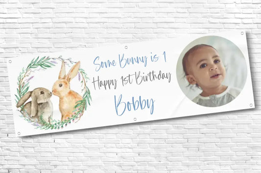 Personalised Boys Some Bunny is 1 1st Birthday Banner With Any Text and Any Photo