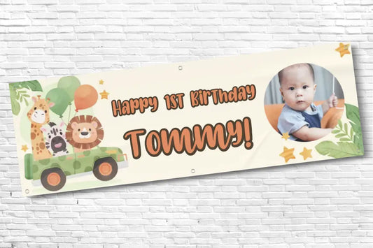 Personalised Boys Safari Jeep 1st Birthday Banner With Any Text and Any Photo