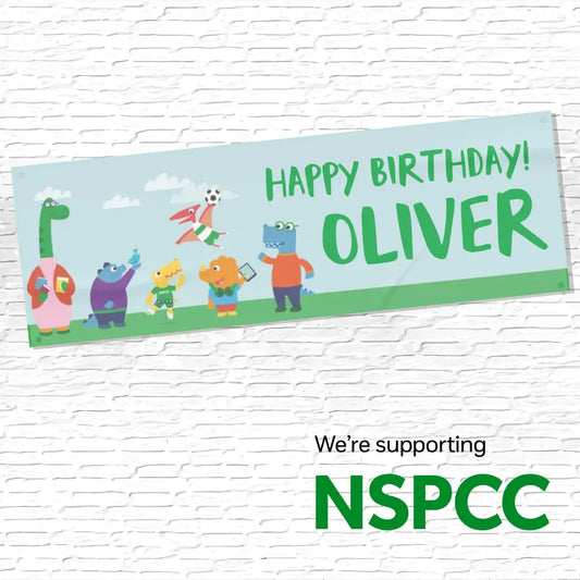 Personalised Official NSPCC Pantosaurus and friends Birthday Banner with any name and text