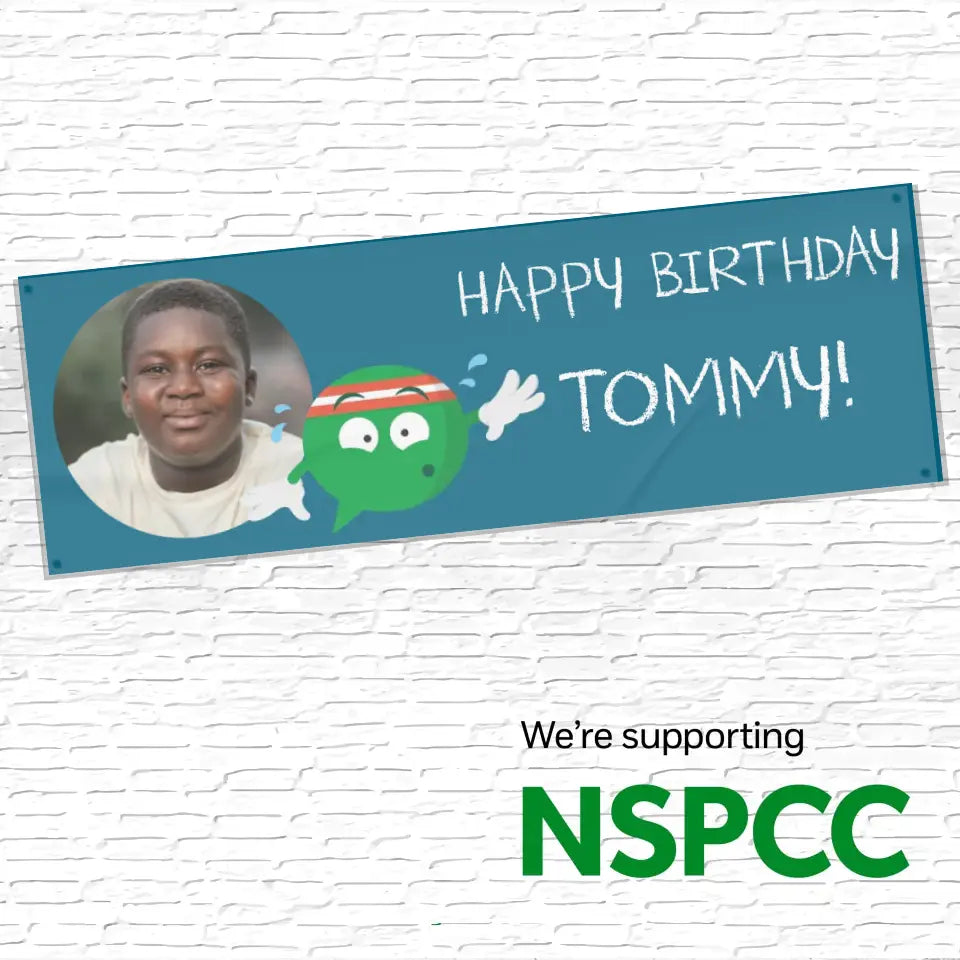 Official NSPCC Buddy character, personalised teal banner with photo