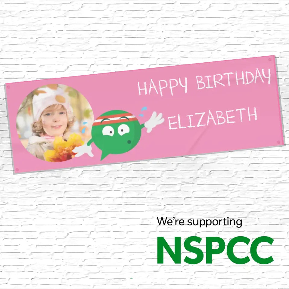 Official NSPCC Buddy character, personalised pink banner with photo