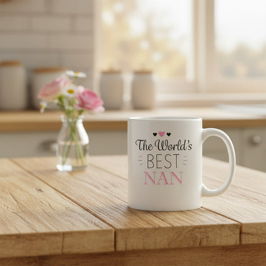 Vacso Trading World's Best Nan Mug Pink Black Heart Design Ceramic White