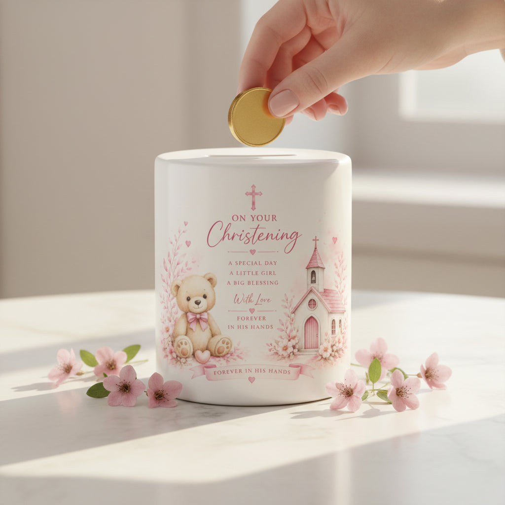 Vacso Trading Personalised Christening Money Box Ceramic Religious Keepsake Teddy Bear Savings Bank