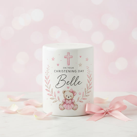 Vacso Trading Personalised Ceramic Christening Money Box Teddy Bear Pink