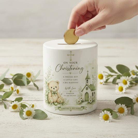 Vacso Trading Personalised Christening Money Box Ceramic Religious Keepsake Teddy Bear Savings Bank