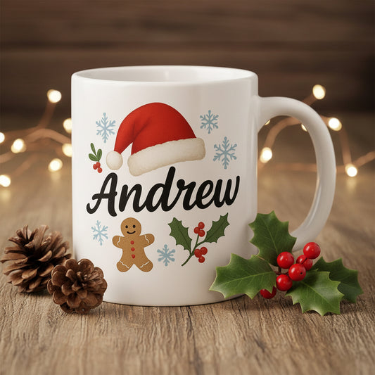 Vacso Trading Personalised Christmas Mug Custom Name Festive Santa Hat Gingerbread Ceramic 11oz