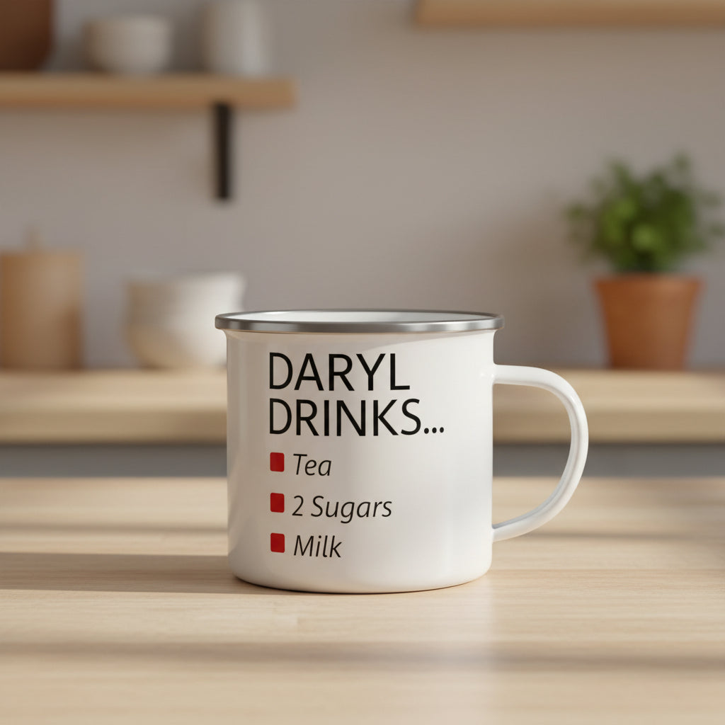 Vacso Trading Personalised Drinks Preference Enamel Mug Custom Tea Coffee Order Funny Office Camping