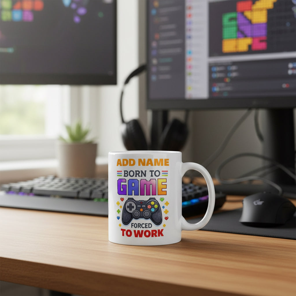 Vacso Trading Personalised Born to Game Forced to Work Mug Custom Name Gamer Gift Ceramic 11oz