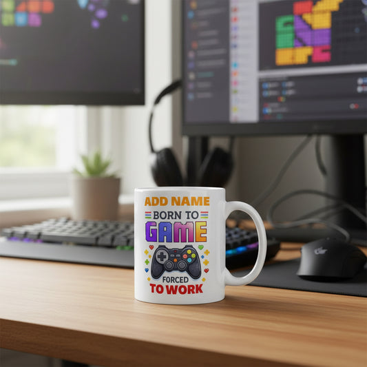 Vacso Trading Personalised Born to Game Forced to Work Mug Custom Name Gamer Gift Ceramic 11oz