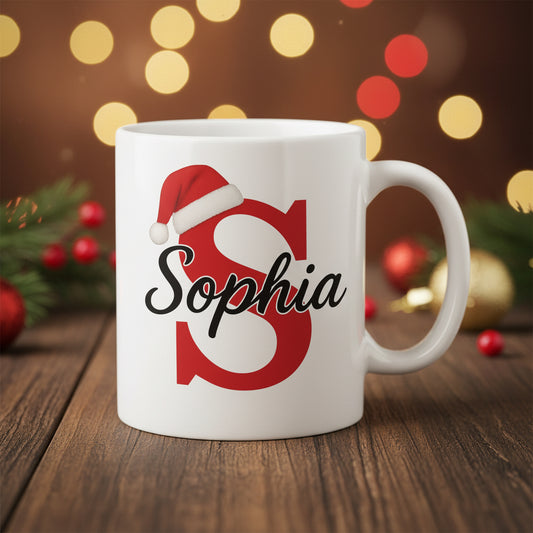 Vacso Trading Personalised Christmas Initial Mug Custom Red Letter Santa Hat Name Ceramic 11oz