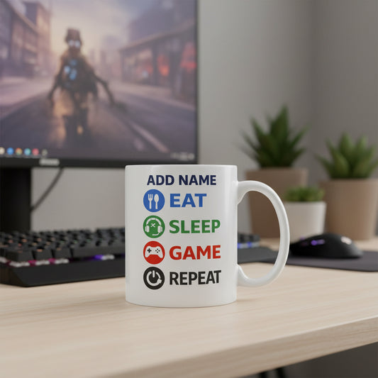 Vacso Trading Personalised Gamer Mug Eat Sleep Game Repeat Custom Name Ceramic 11oz