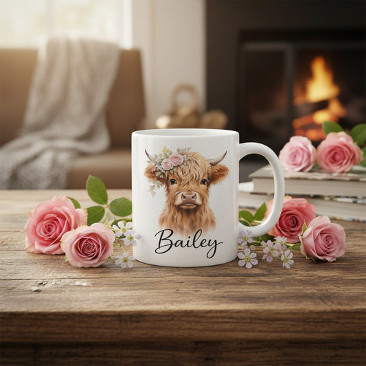 Vacso Trading Personalised Highland Cow Ceramic Mug Floral