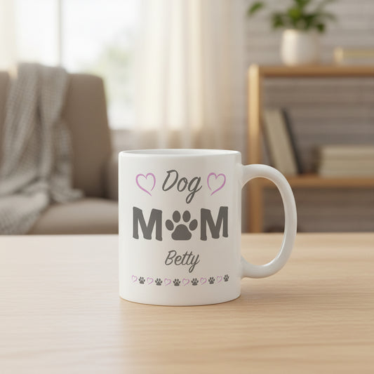 Vacso Trading Personalised Dog Mom Mug Custom Name Paw Print Pink Heart Ceramic 11oz