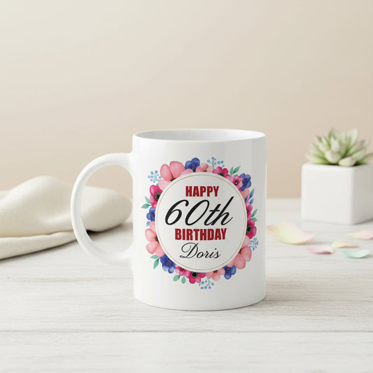 Vacso Trading Personalised 60th Birthday Mug Custom Name Age Floral Ceramic 11oz