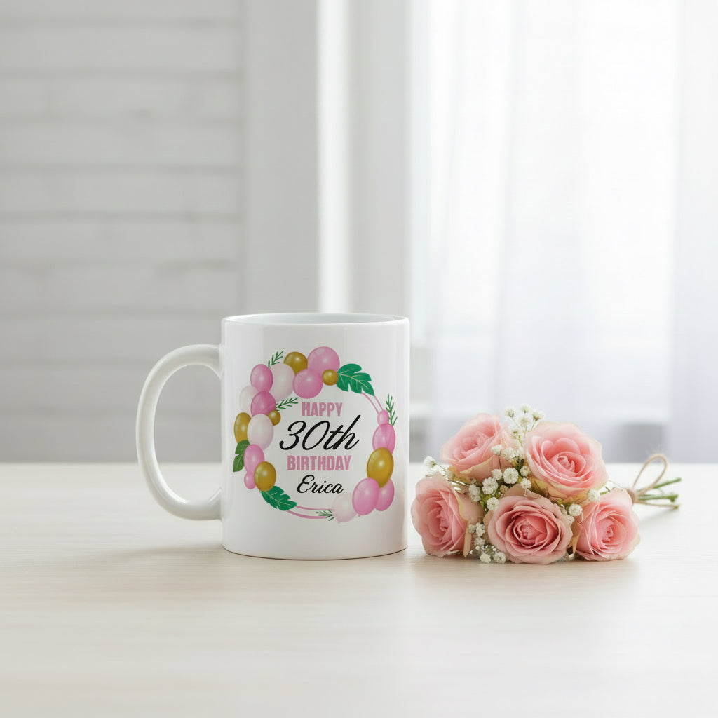 Vacso Trading Personalised Birthday Mug Custom Name Age Floral Balloon Ceramic 11oz
