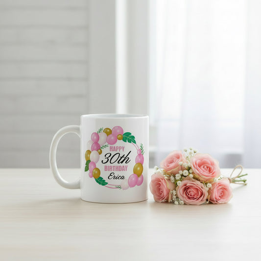 Vacso Trading Personalised Birthday Mug Custom Name Age Floral Balloon Ceramic 11oz