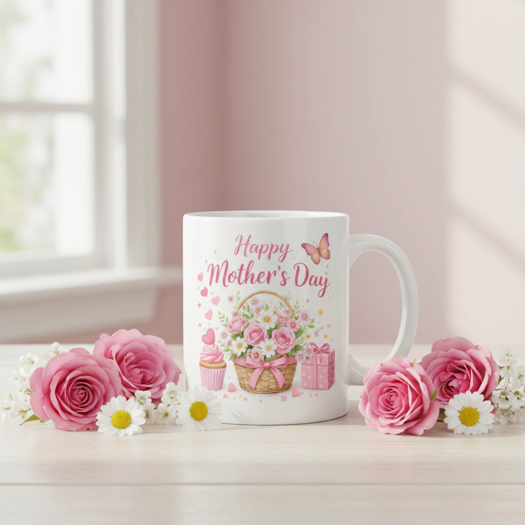 Vacso Trading Happy Mother's Day Floral Basket Mug Cute Pink Flower Ceramic 11oz