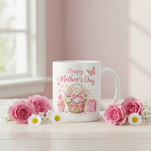 Vacso Trading Happy Mother's Day Floral Basket Mug Cute Pink Flower Ceramic 11oz