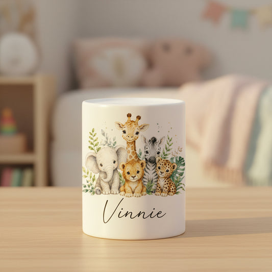 Vacso Trading Personalised Safari Animals Ceramic Money Box White