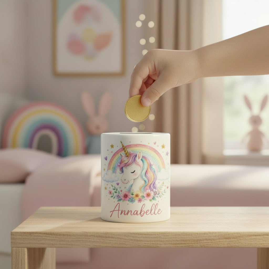Vacso Trading Personalised Unicorn Money Box Ceramic Rainbow Savings Bank