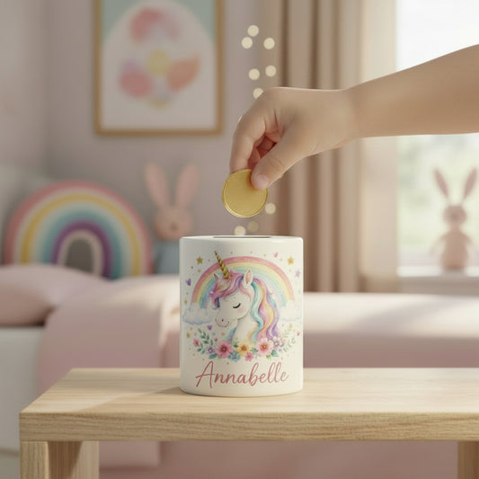 Vacso Trading Personalised Unicorn Money Box Ceramic Rainbow Savings Bank