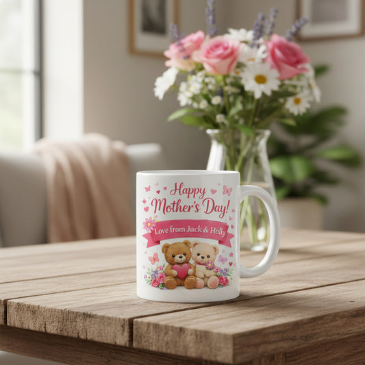 Vacso Trading Personalised Happy Mother's Day Mug Custom Kids Names Teddy Bear Floral Ceramic Pink