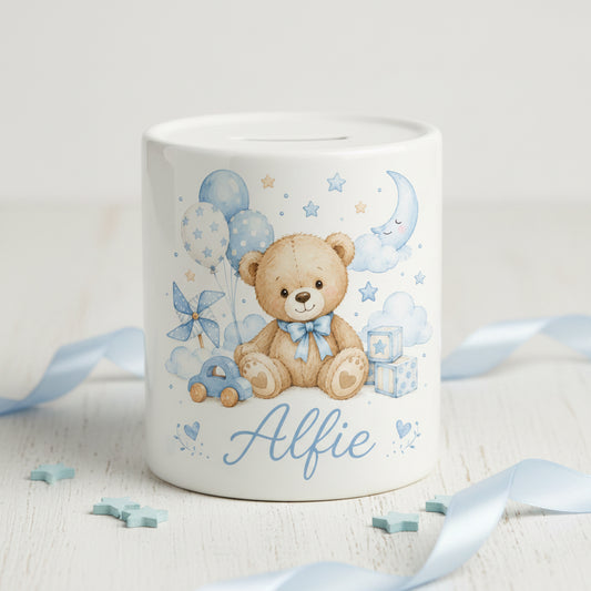 Vacso Trading Personalised Teddy Bear Ceramic Money Box Blue
