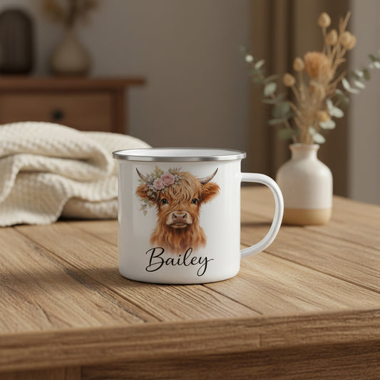 Vacso Trading Personalised Highland Cow Enamel Mug Custom Name Ceramic 11oz