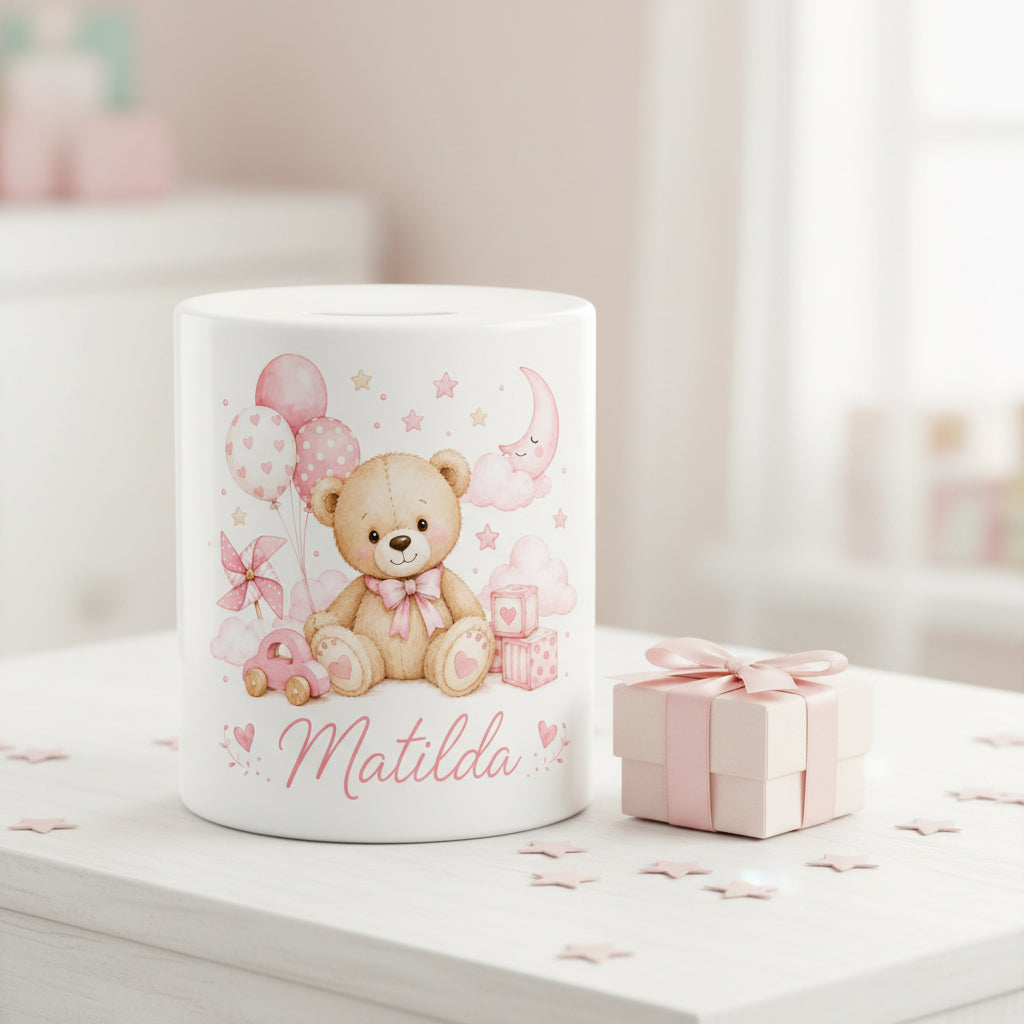 Vacso Trading Personalised Teddy Bear Ceramic Money Box Pink