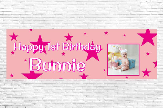 Girls Pink Star Birthday Banner With Photo