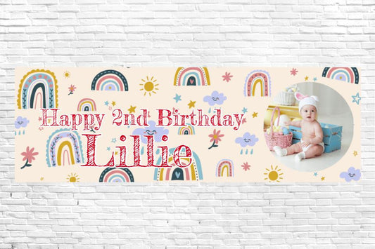 Girls Cream Birthday Banner with Multicoloured Rainbows and any photo