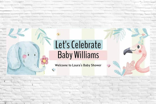 Personalised Elephant and Flamingo Baby Shower Banner