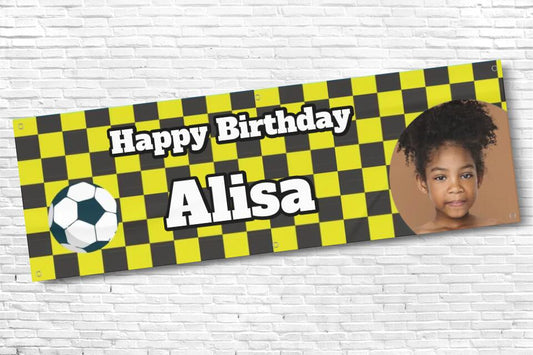 Personalised Football Banner Yellow and Black Squares with any photo and text