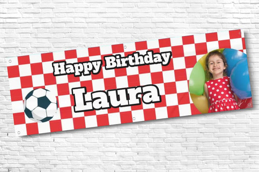 Personalised Football Banner Red and White Squares with any photo and text