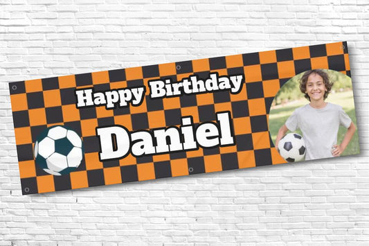 Personalised Football Banner Orange And Black Squares with any photo and text