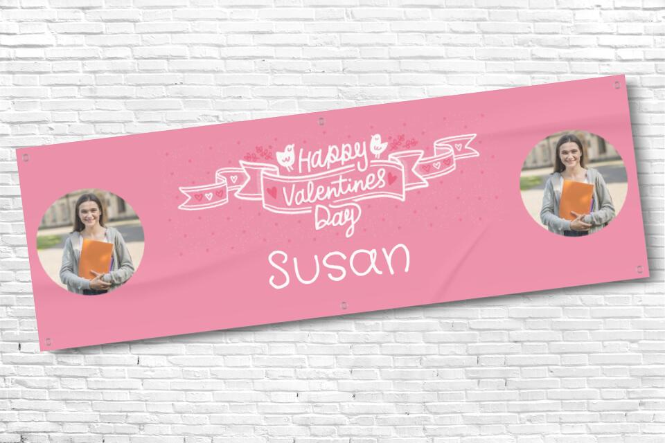 Pink Personalised Valentines Banner with any 2 Photos and Name