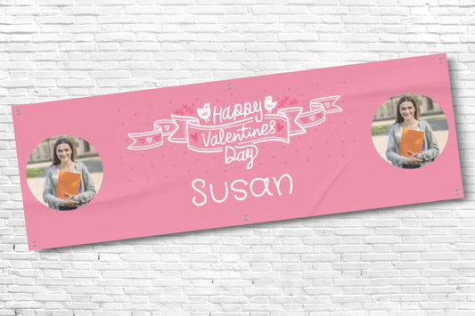 Pink Personalised Valentines Banner with any 2 Photos and Name