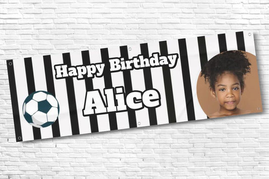 Personalised Football Banner Black and white stripes with any photo and text