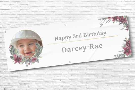 Girl's Floral Birthday Banner with photo