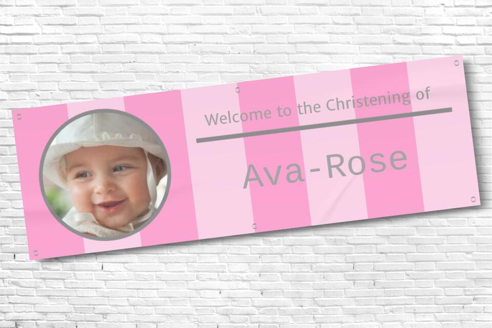 Girls Christening pink stripe banner with photo