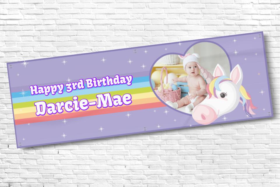 Girls purple unicorn birthday banner with photo