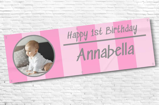 Girls pink stripe birthday banner with photo